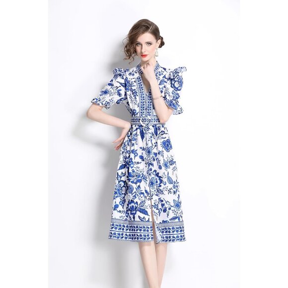 Women's Floral Print V-Neck Button Up Short Puff Sleeve Midi Dress - Picture 6 of 7